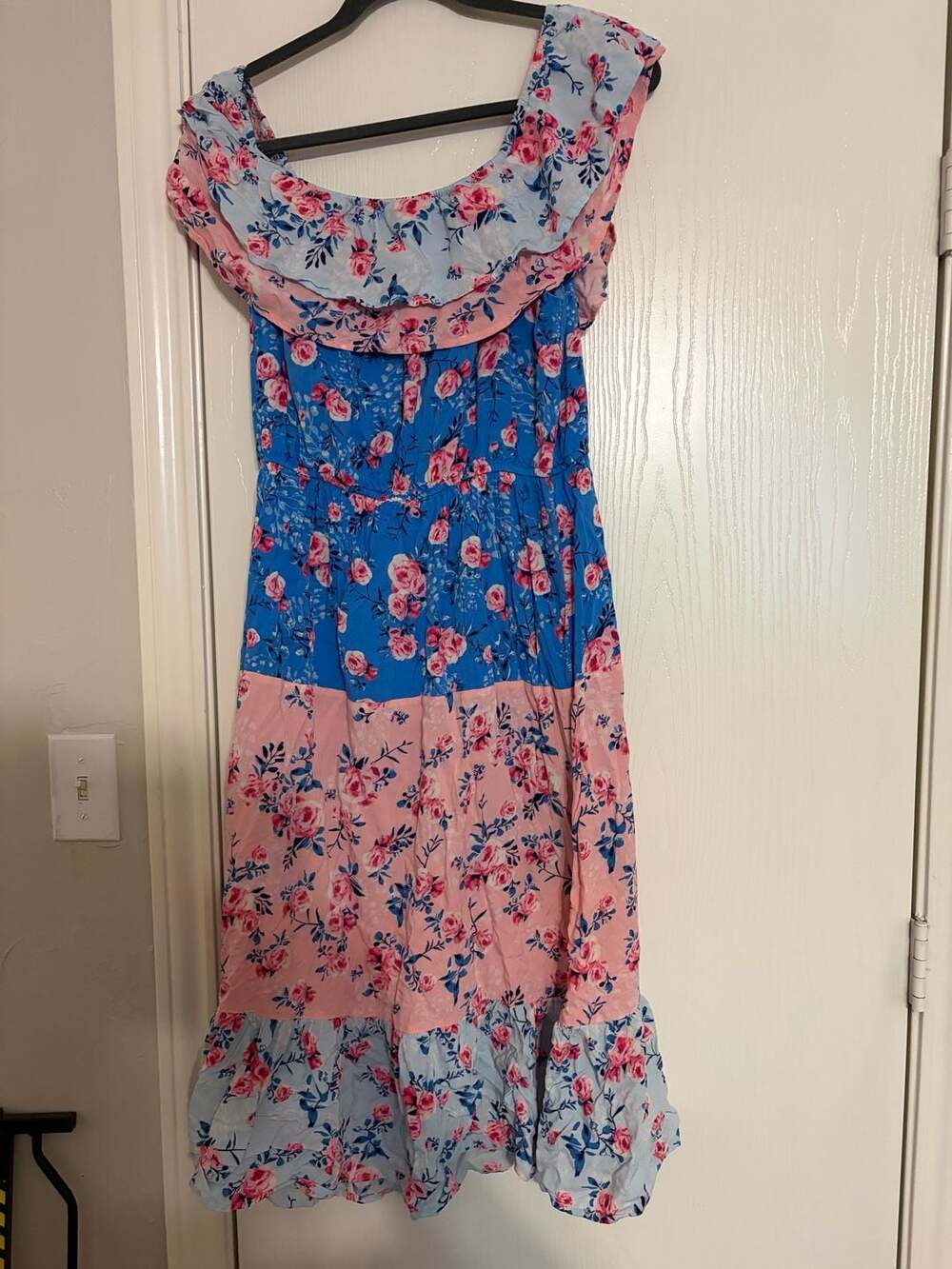 Emily Wonder Blue and Pink Floral Off-The-Shoulder Ruffle Midi Dress